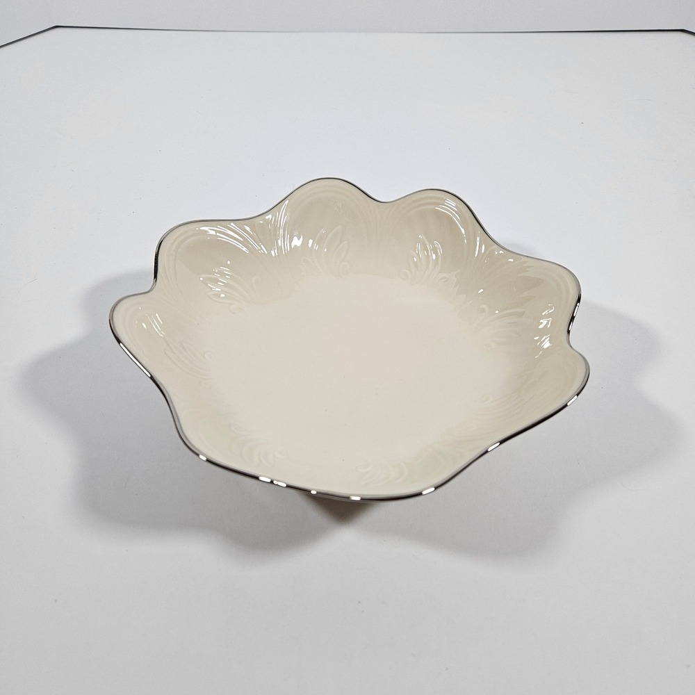 Lenox Saybrooke Ivory Porcelain Scalloped Bowl Silver Trim Made in USA Embossed